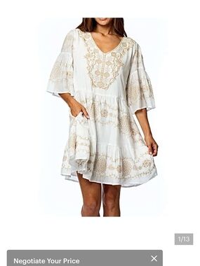 Tolani White Midi Dress with Gold Embroidery